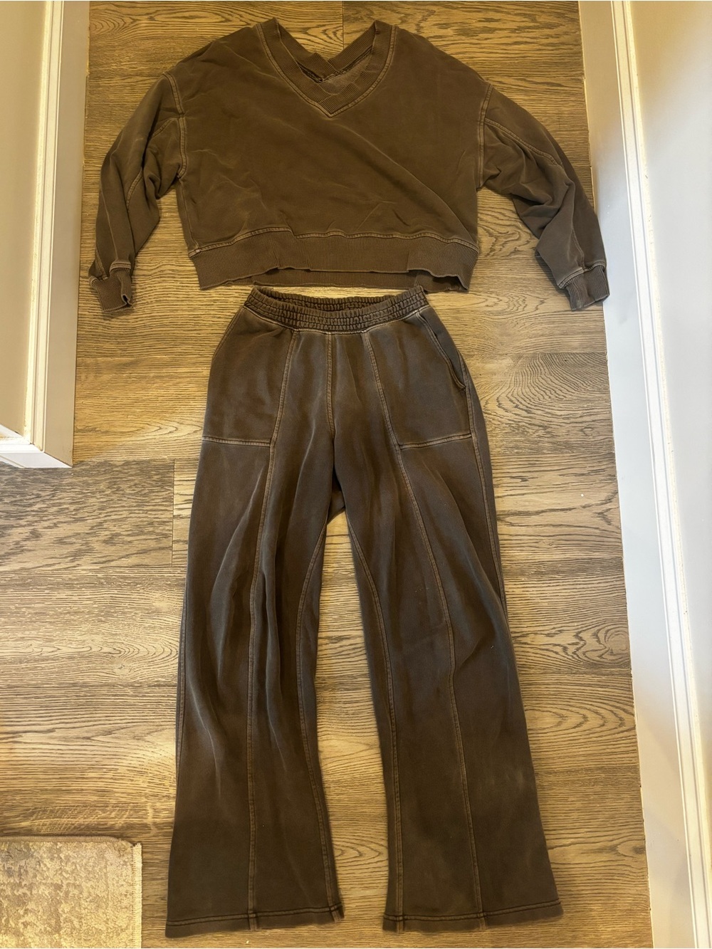 Aerie Green Matching Set XS Cropped Sweatshirt Wide Leg Flare Pants Athleisure
